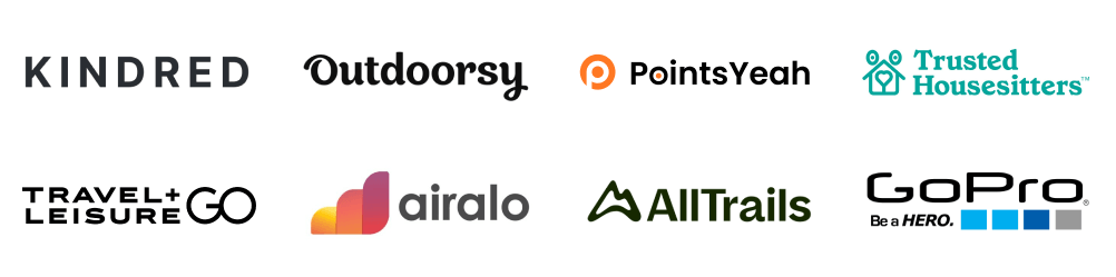 Kindred, Outdoorsy, PointsYeah, Trusted Housesitters, Travel + Leisure Go, Airalo, AllTrails, Go Pro
